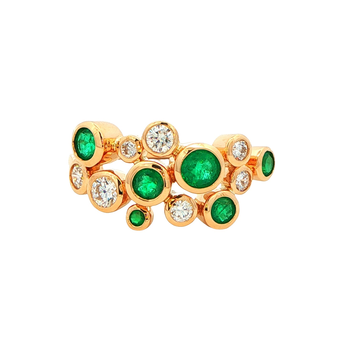 Round Emerald and round brilliant cut diamond bubble style ring Gardiner Brothers