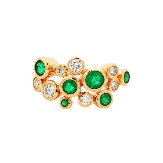 Round Emerald and round brilliant cut diamond bubble style ring Gardiner Brothers