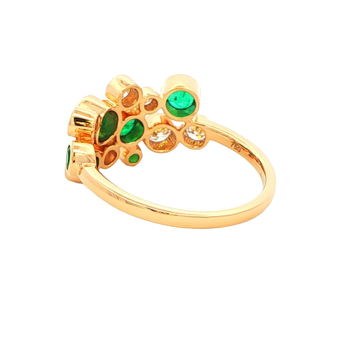 Round Emerald and round brilliant cut diamond bubble style ring Gardiner Brothers