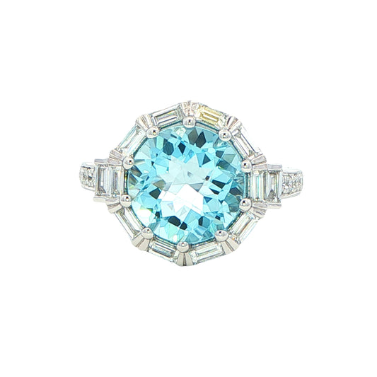 Aquamarine with baguette and round brilliant cut diamonds halo cluster ring Gardiner Brothers