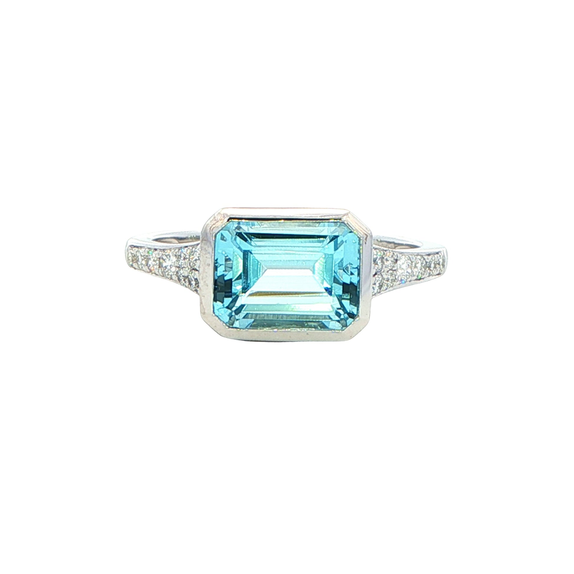 Octagonal shaped Aquamarine Ring with diamond set shoulders Gardiner Brothers