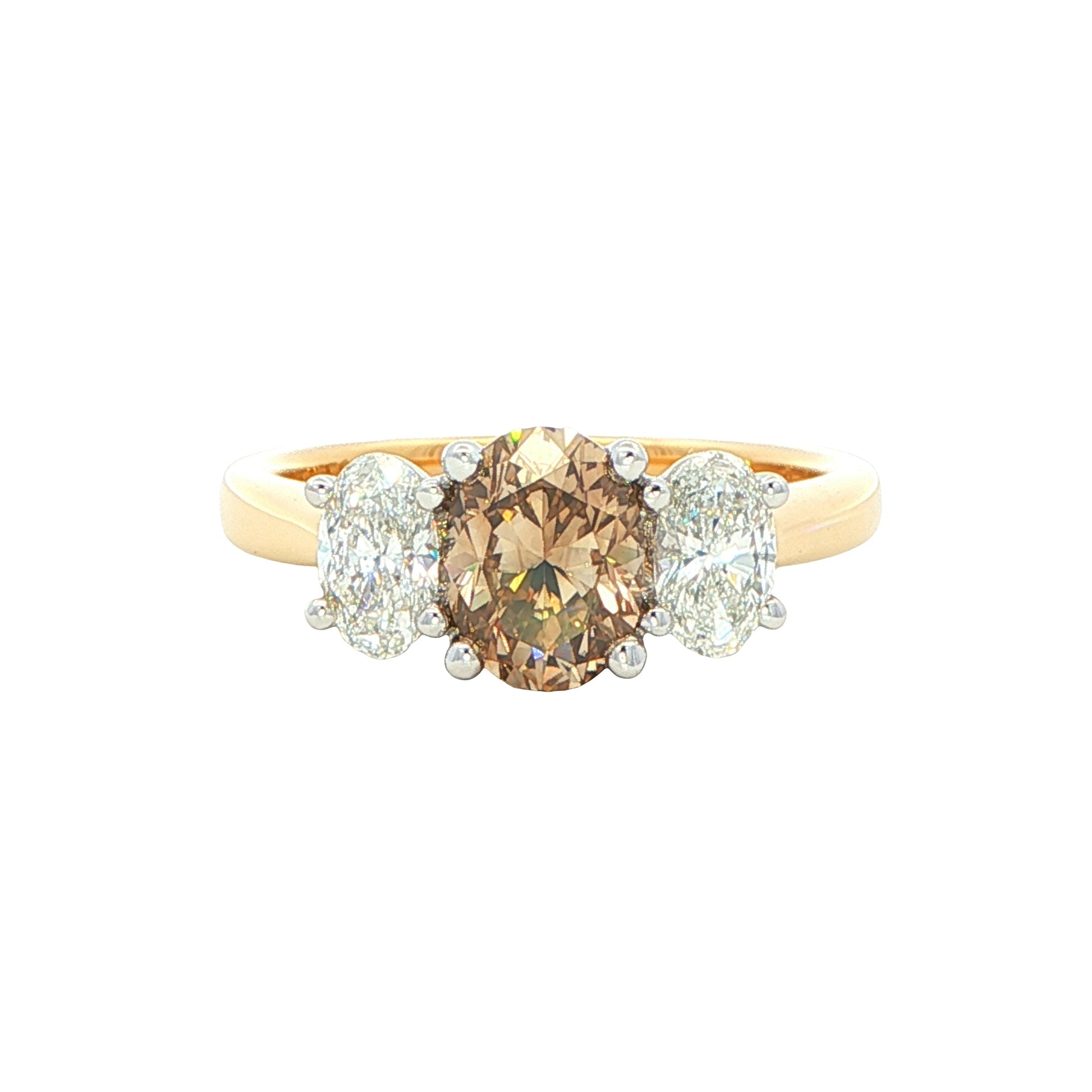 Yellow Gold Oval Shaped Cognac Diamond 3 Stone Ring - 1.61cts Gardiner Brothers