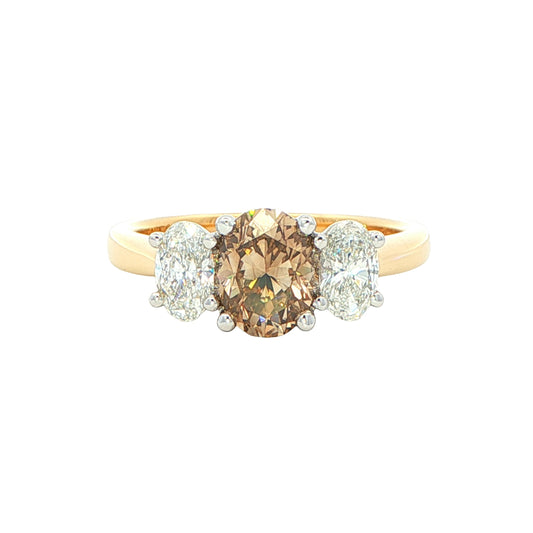 Yellow Gold Oval Shaped Cognac Diamond 3 Stone Ring - 1.61cts Gardiner Brothers