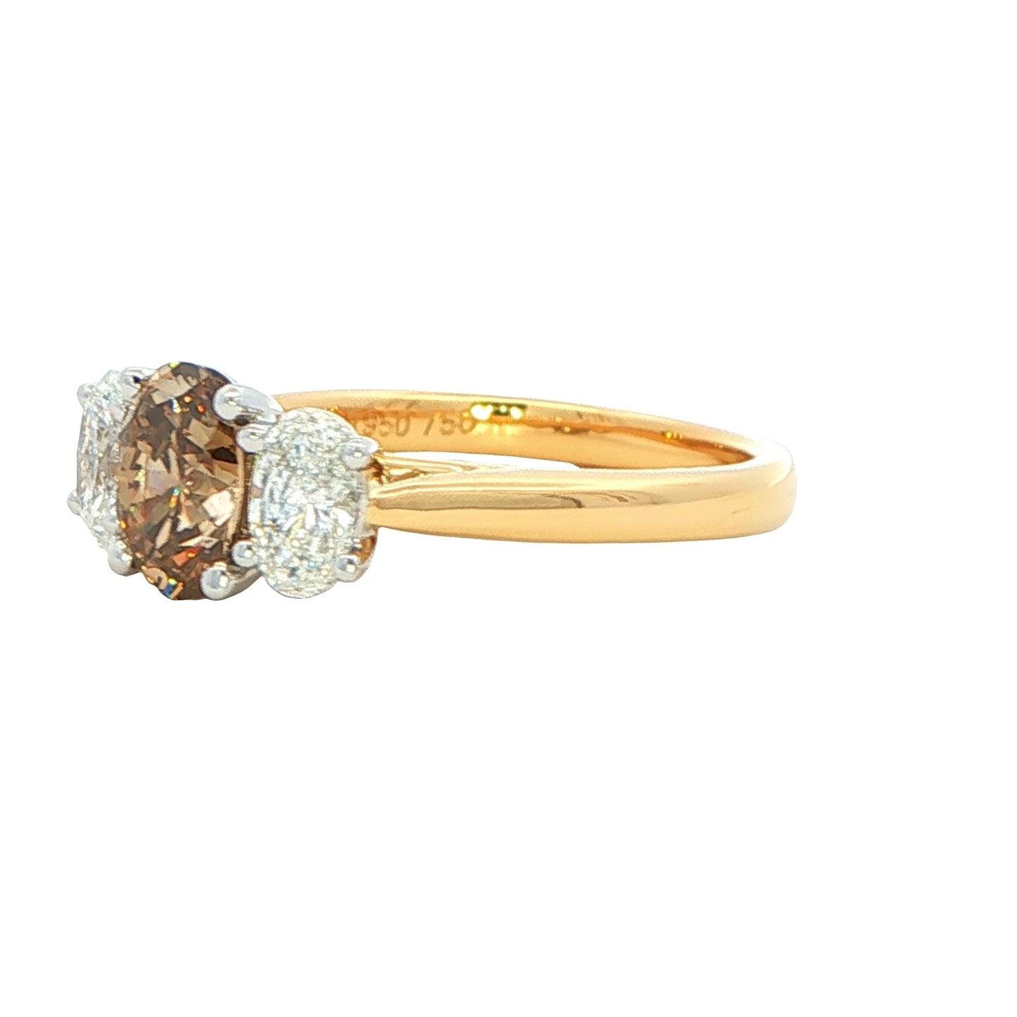 Yellow Gold Oval Shaped Cognac Diamond 3 Stone Ring - 1.61cts Gardiner Brothers