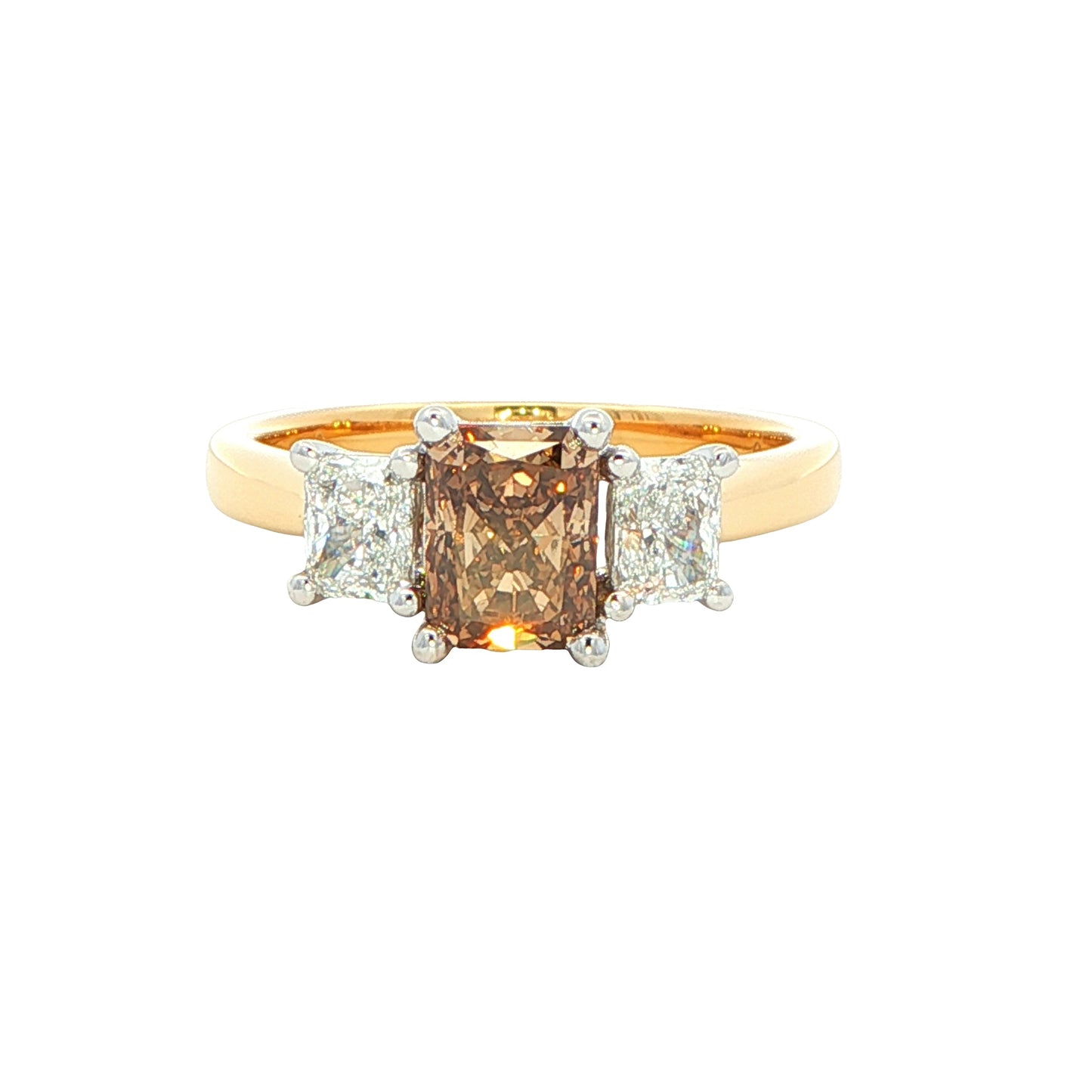 Yellow Gold Radiant cut Cognac diamond 3 stone ring - 1.60cts Gardiner Brothers
