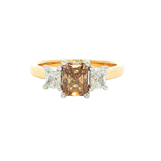Yellow Gold Radiant cut Cognac diamond 3 stone ring - 1.60cts Gardiner Brothers