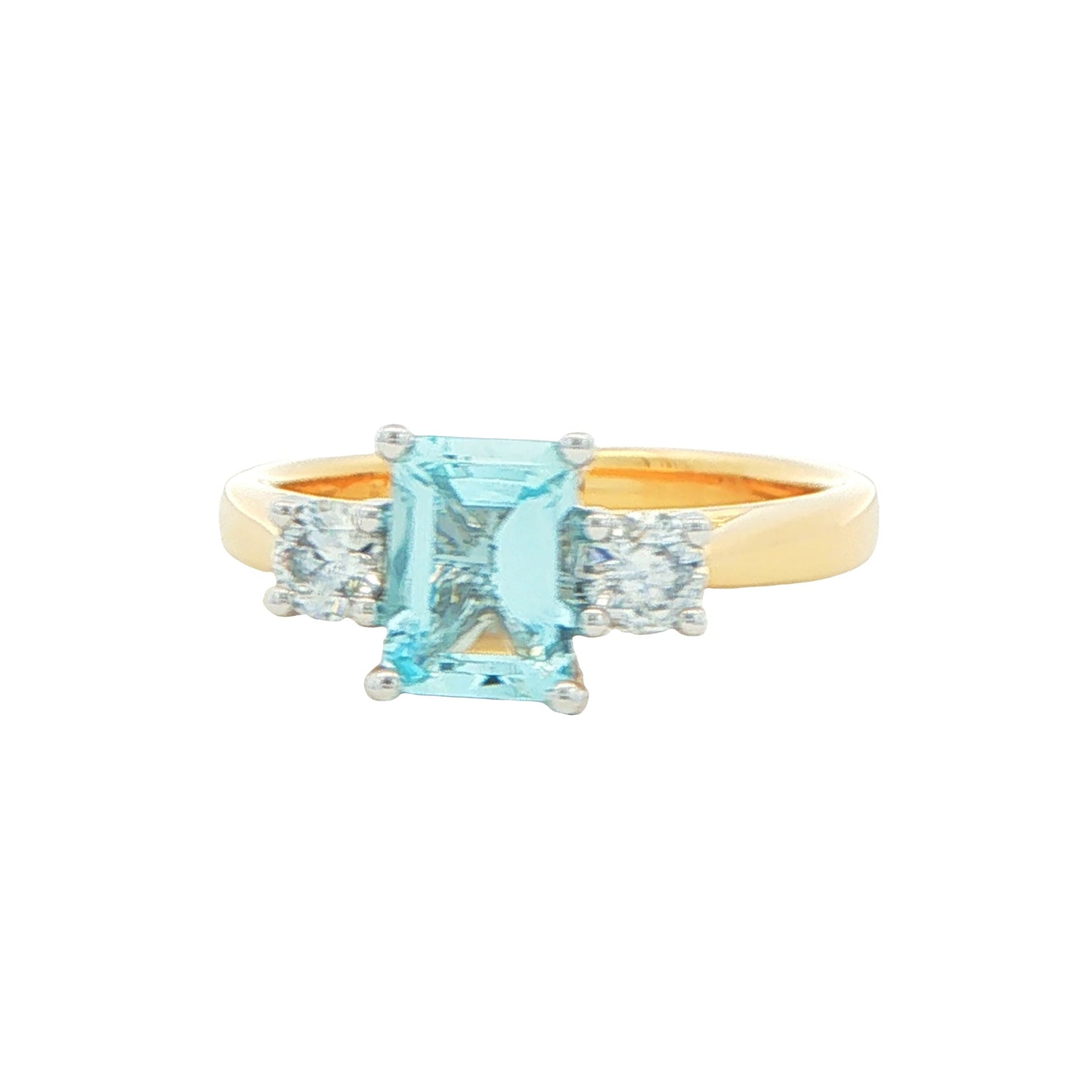 Octagonal Aquamarine and round brilliant cut diamond 3 stone ring Gardiner Brothers