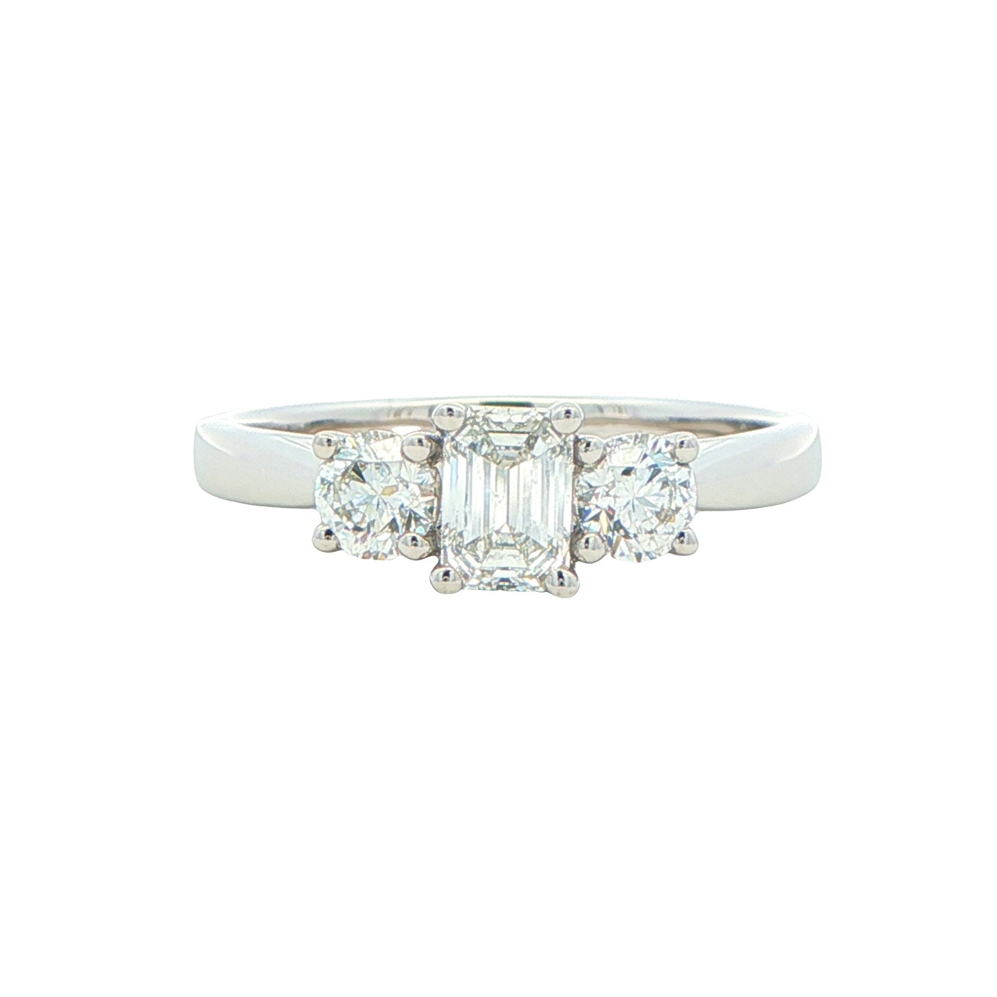 Platinum Emerald and round brilliant cut diamond 3 stone ring - 1.00cts Gardiner Brothers