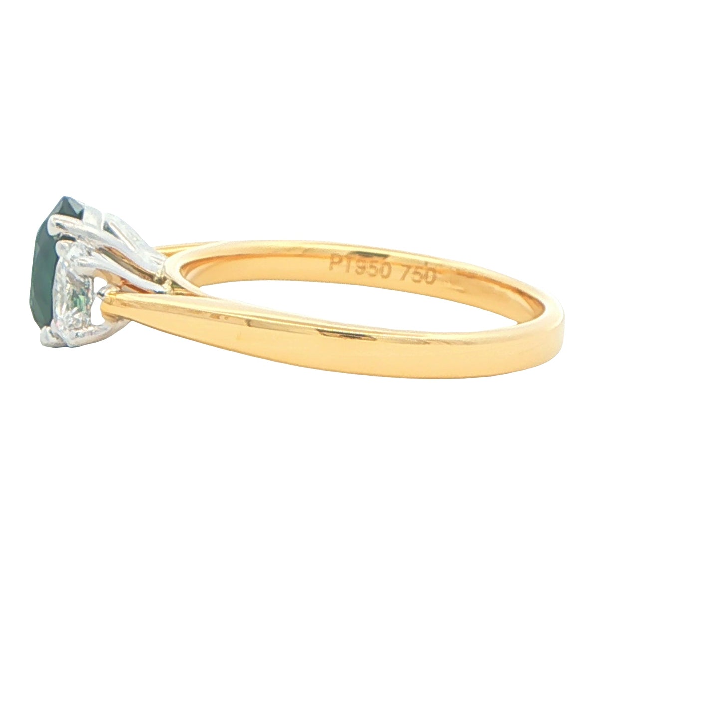 Teal Sapphire and oval shaped diamond 3 stone ring Gardiner Brothers