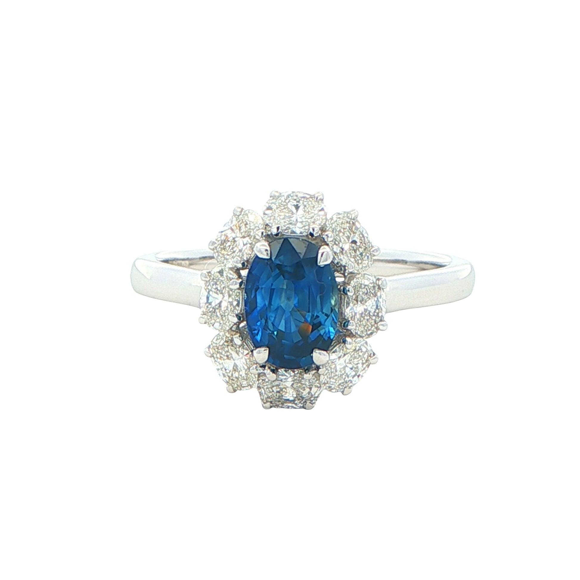 Oval Shaped Sapphire and Oval diamond cluster style ring Gardiner Brothers