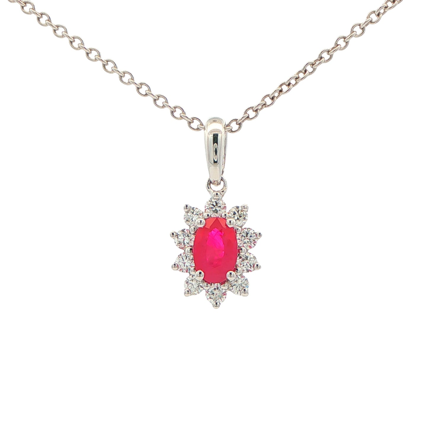 Ruby and round brilliant cut diamond cluster style pendant Gardiner Brothers