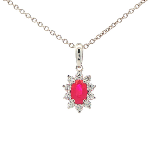 Ruby and round brilliant cut diamond cluster style pendant Gardiner Brothers