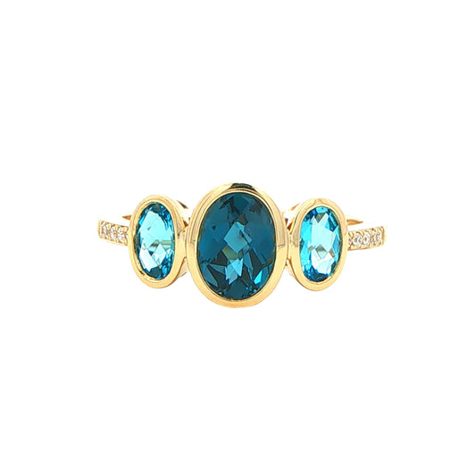 London Blue Topaz and Diamond 3 Stone Ring Gardiner Brothers