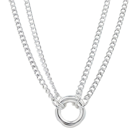 Silver Double Curb Link Necklace with Circle Pendant Gardiner Brothers