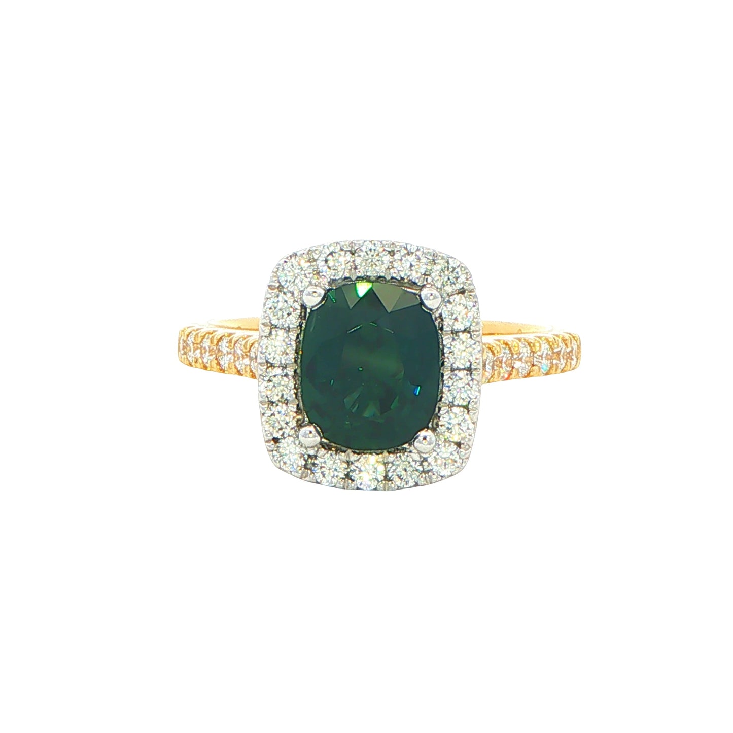 Cushion Shaped Teal Sapphire and Diamond Halo Style Ring Gardiner Brothers