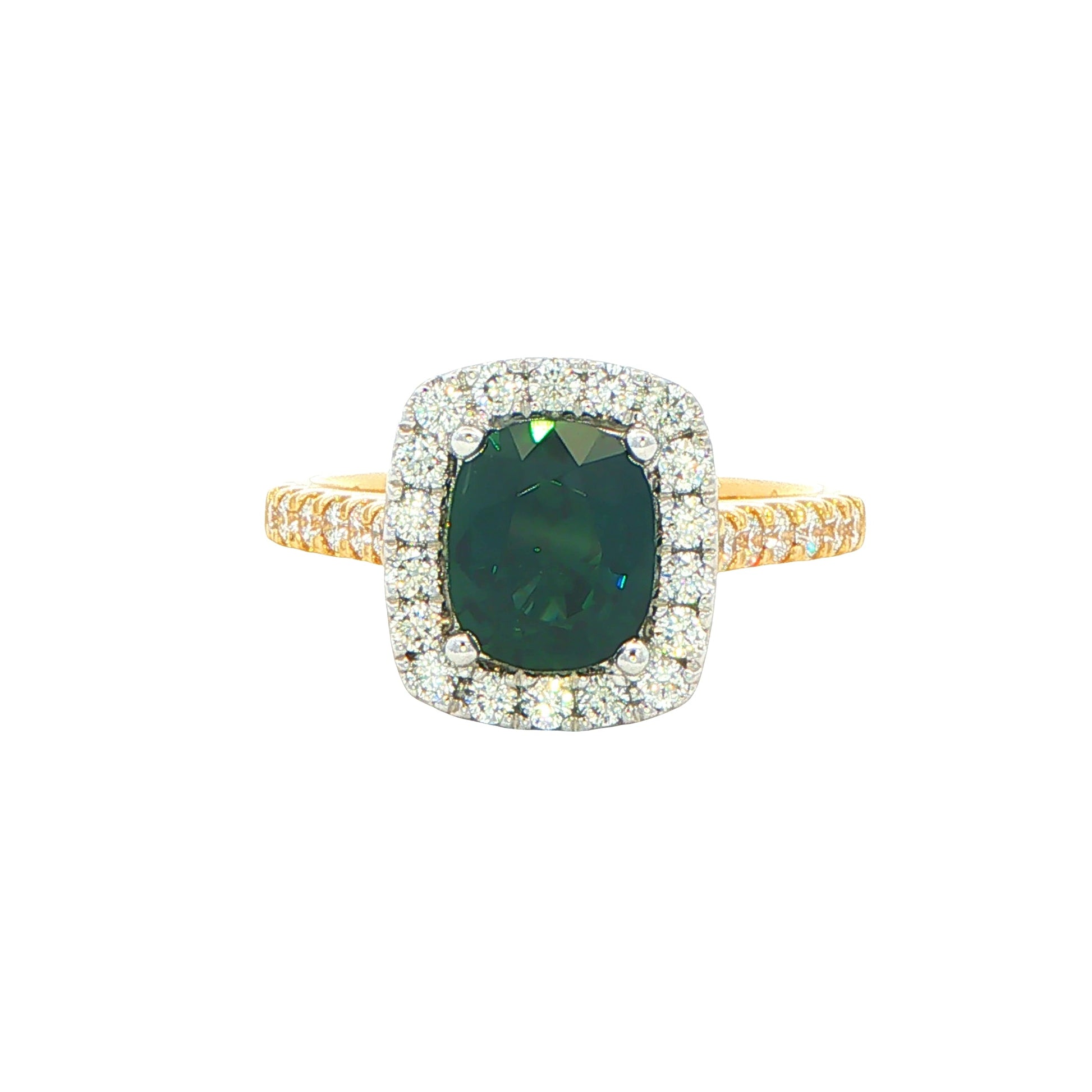Cushion Shaped Teal Sapphire and Diamond Halo Style Ring Gardiner Brothers