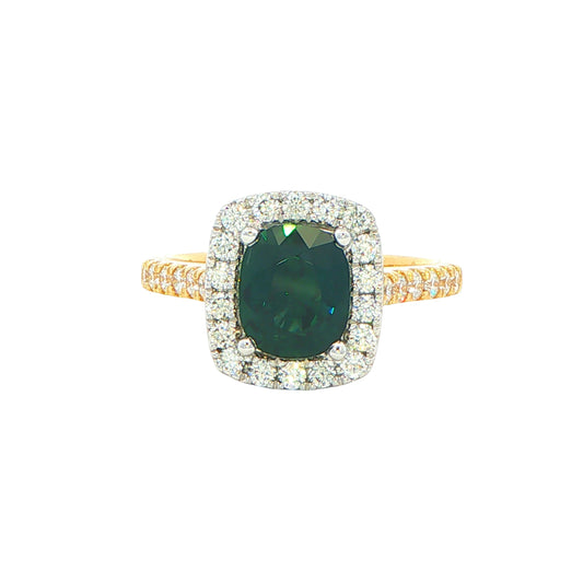 Cushion Shaped Teal Sapphire and Diamond Halo Style Ring Gardiner Brothers