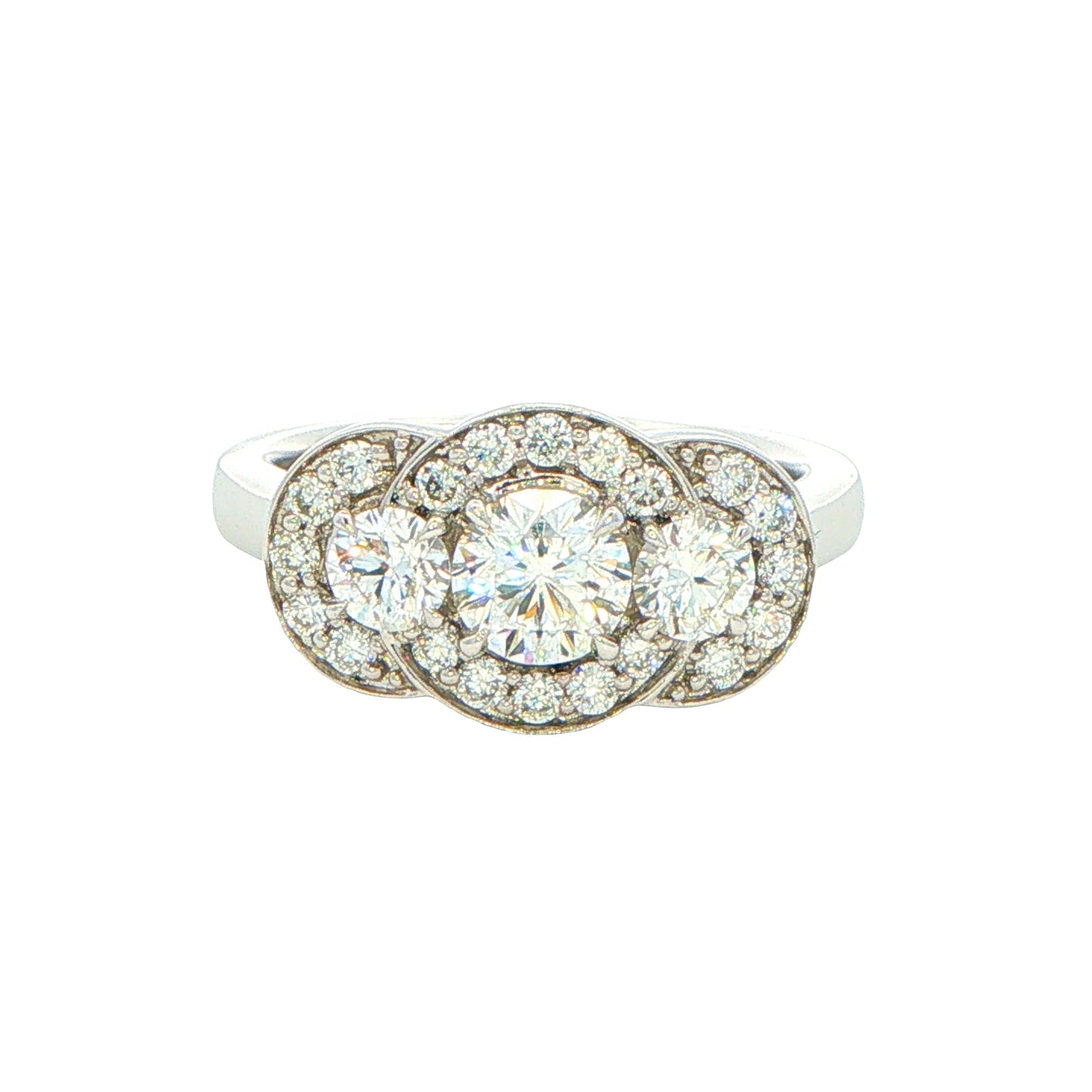 Platinum Aurora Cut Diamond 3 Stone Halo Style Ring - 1.20cts Gardiner Brothers