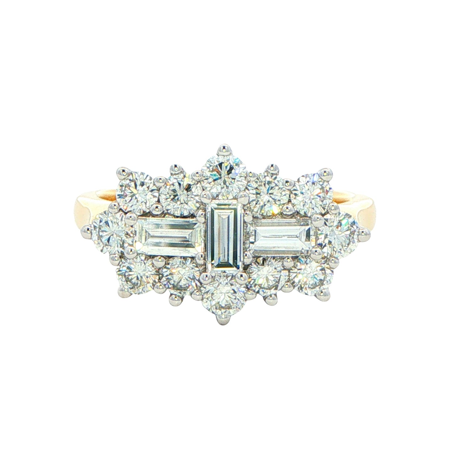 Yellow Gold Emerald and Round Brilliant Cut Diamond Cluster Ring - 2.10cts Gardiner Brothers