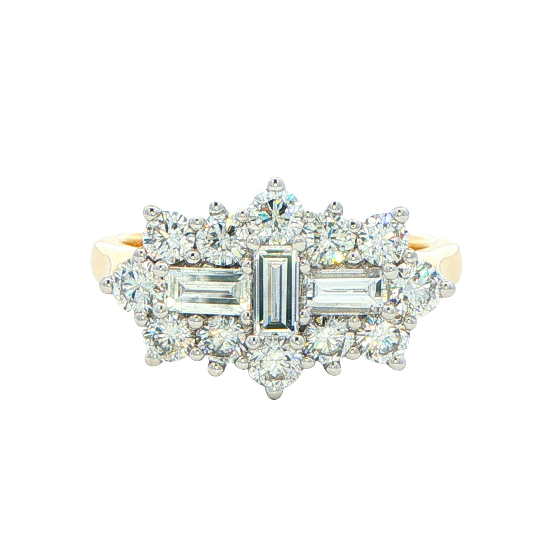 Yellow Gold Emerald and Round Brilliant Cut Diamond Cluster Ring - 2.10cts Gardiner Brothers