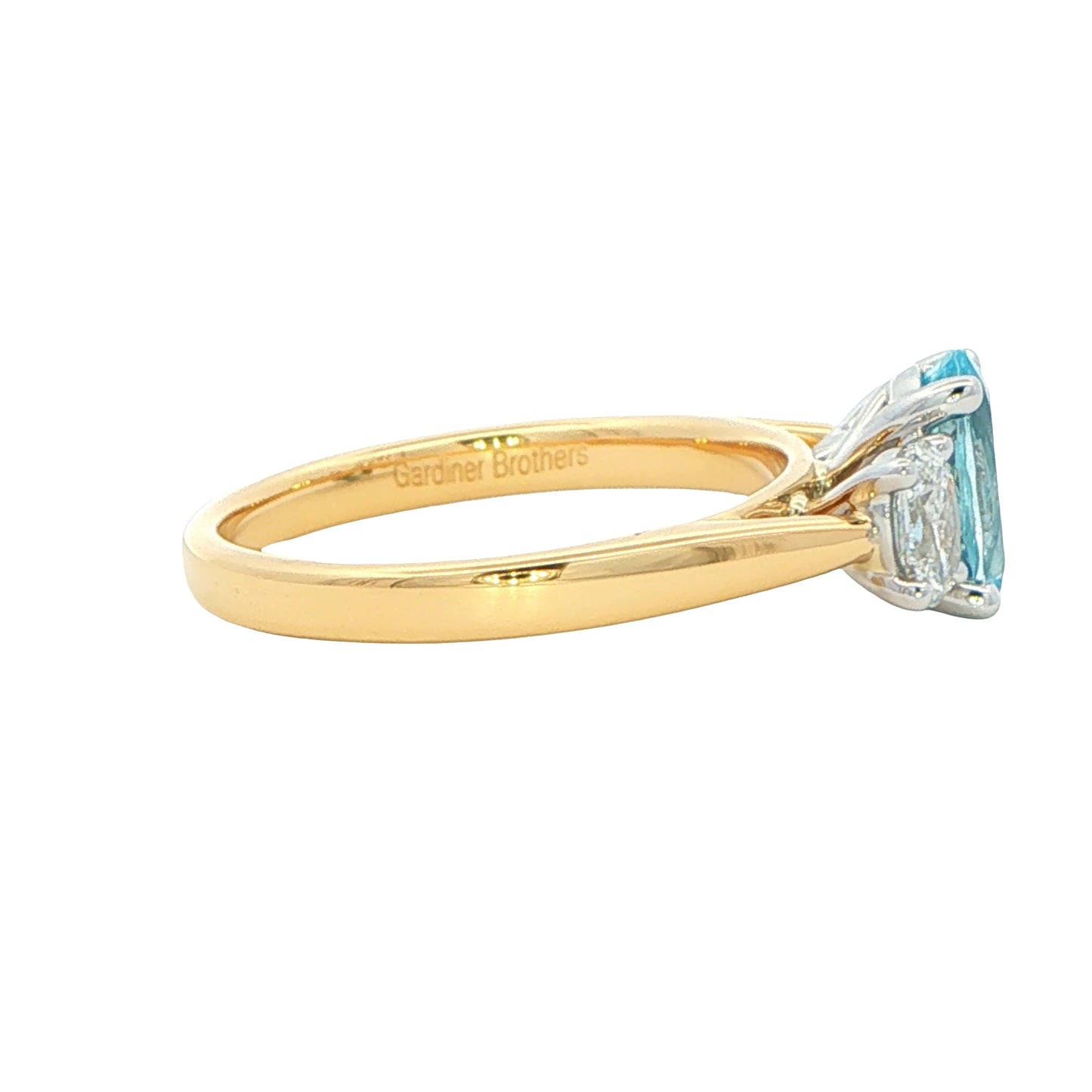 Aquamarine and diamond oval shaped 3 stone ring Gardiner Brothers