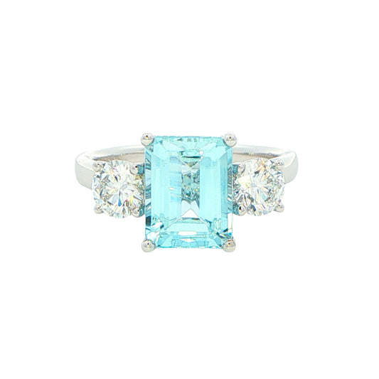 Aquamarine and Round Brilliant Cut Diamond 3 Stone Ring Gardiner Brothers