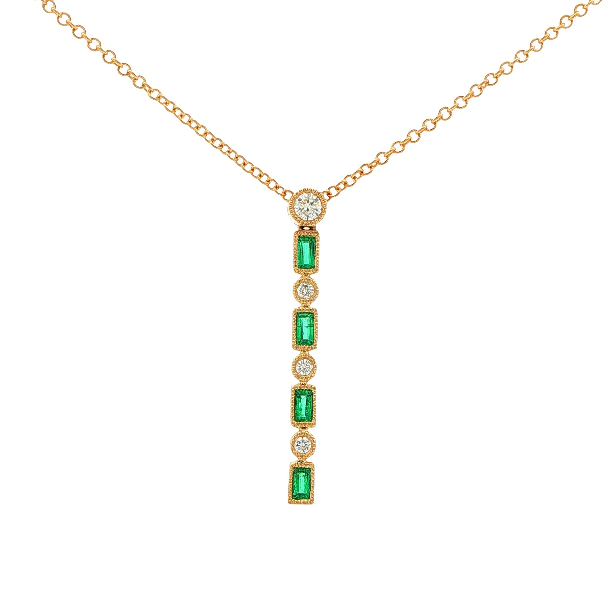 Baguette Cut Emerald and Diamond Vintage Style Drop Pendant Gardiner Brothers