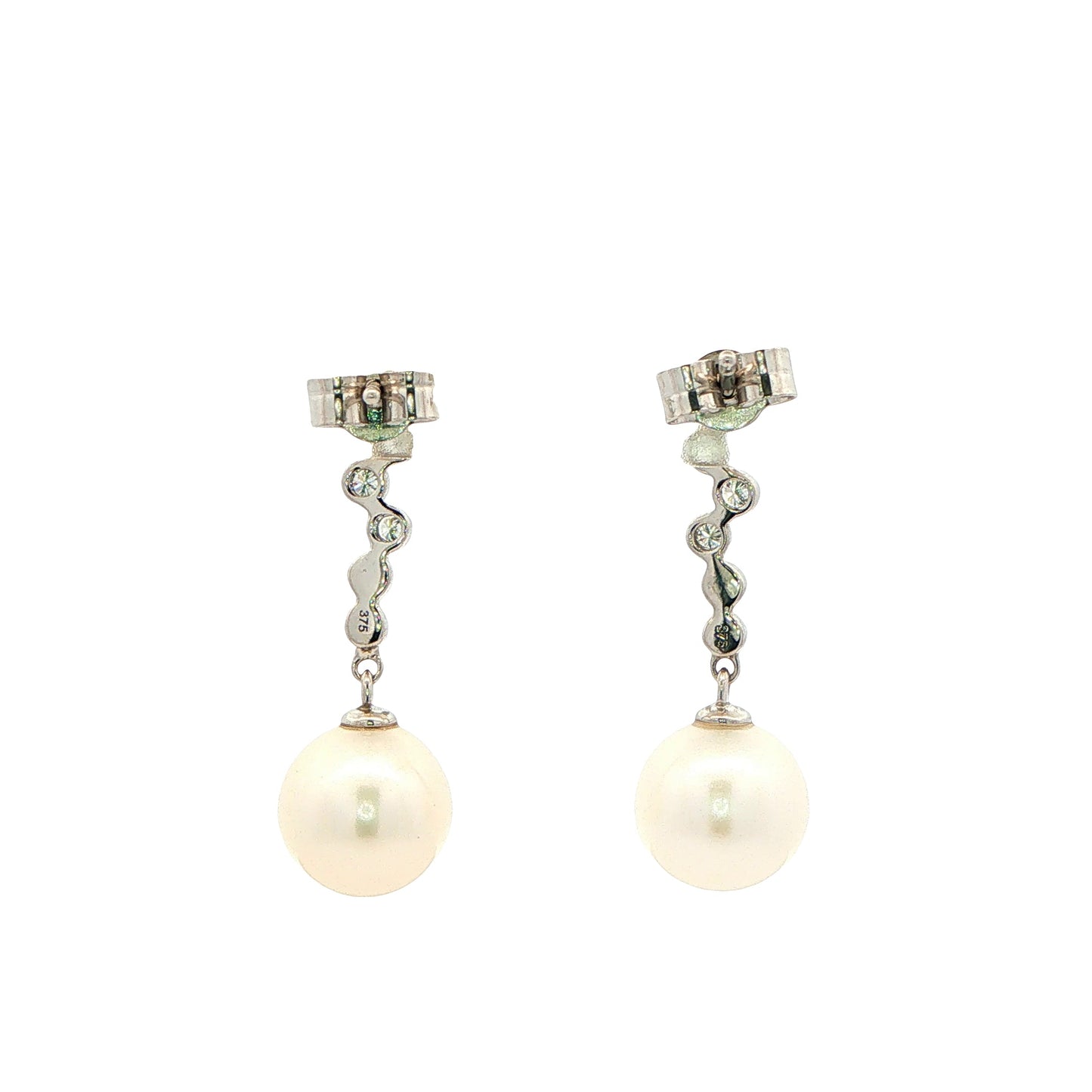 White Gold Pearl and Rub Over Diamond Drop Earrings Gardiner Brothers