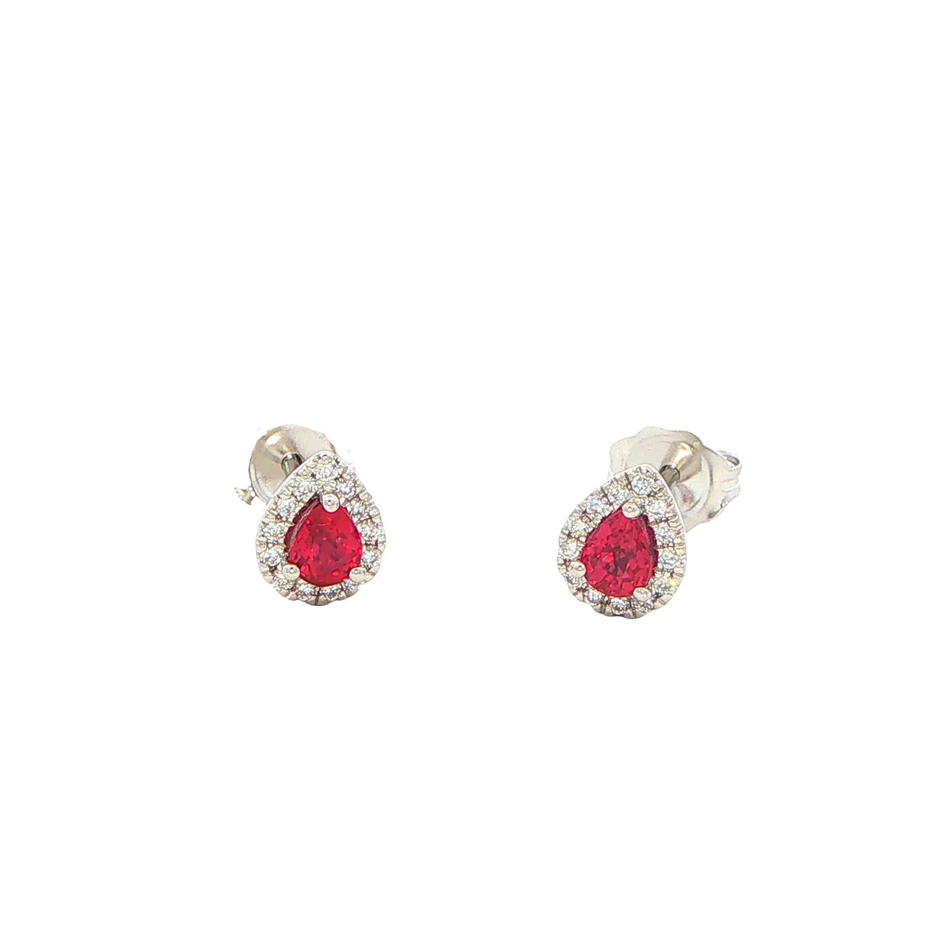 Pear Shaped Ruby and Diamond Halo Style Earrings Gardiner Brothers