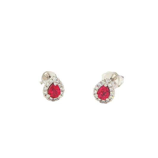 Pear Shaped Ruby and Diamond Halo Style Earrings Gardiner Brothers