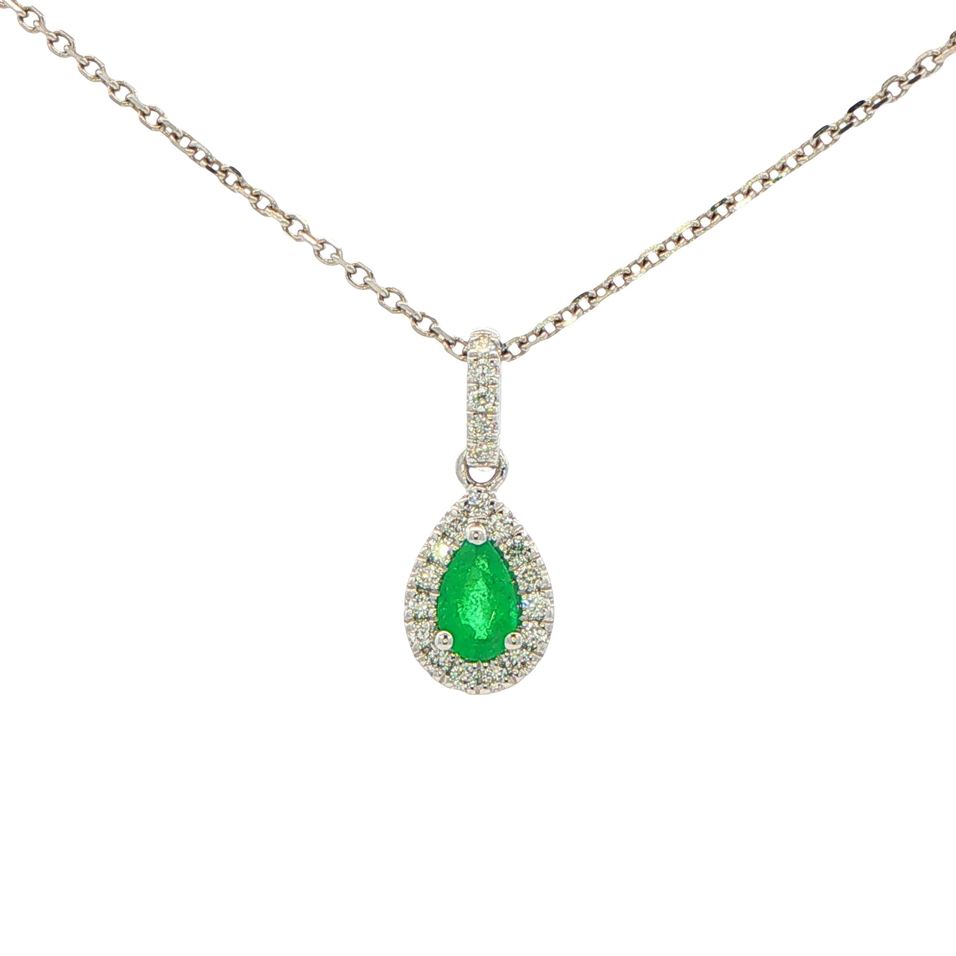Pear Shaped Emerald and Diamond Halo Style Pendant Gardiner Brothers