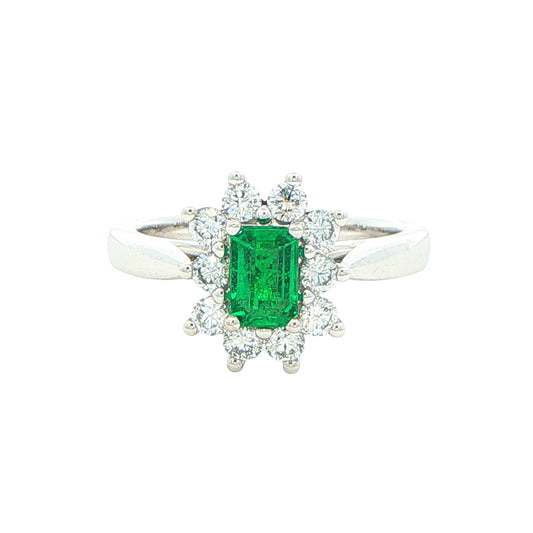 Octagonal shaped emerald and round brilliant cut diamond cluster style ring Gardiner Brothers