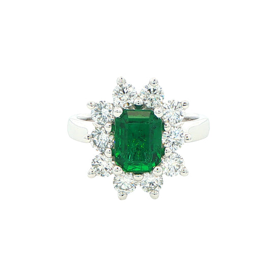 Octagonal shaped emerald and round brilliant cut diamond cluster style ring Gardiner Brothers