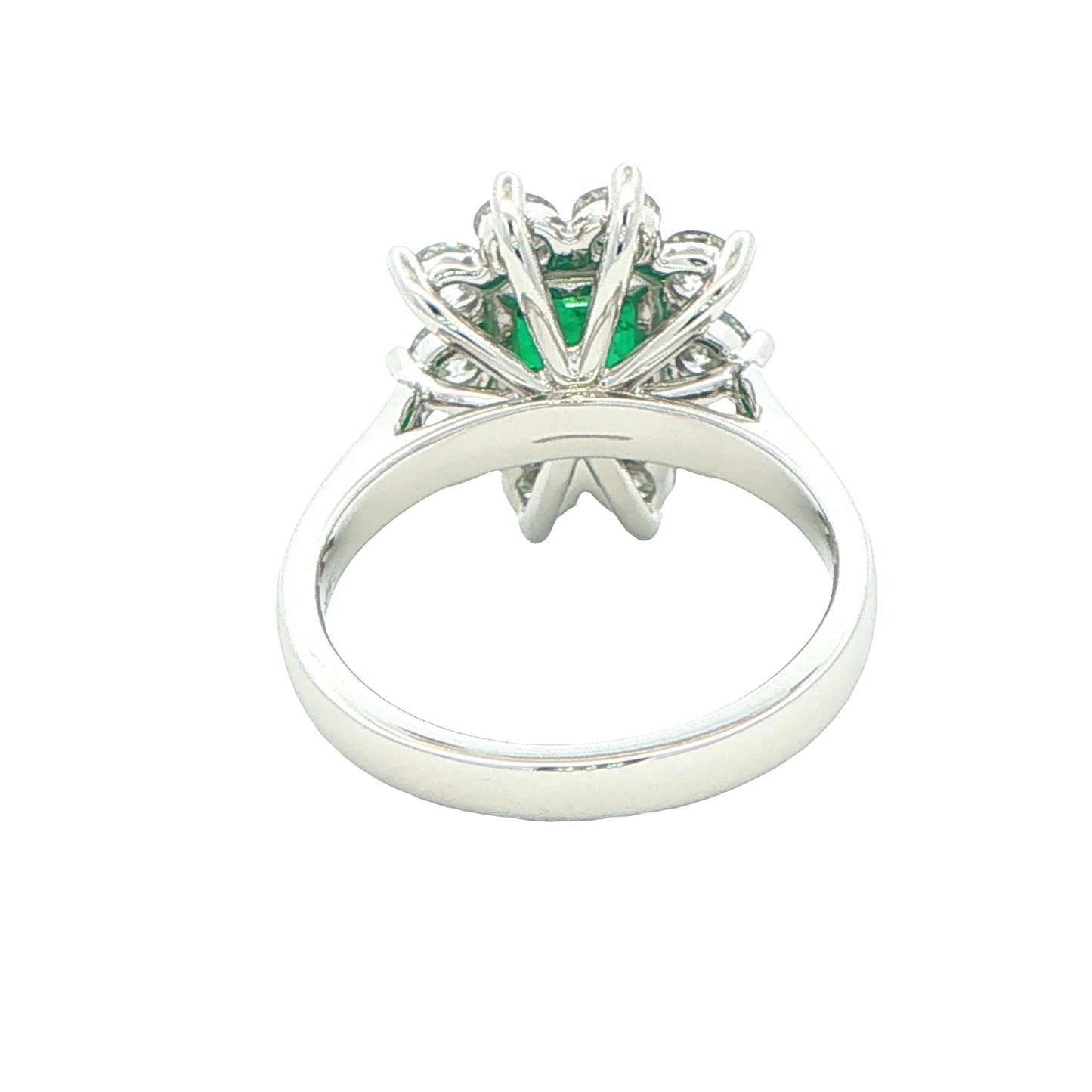 Octagonal shaped emerald and round brilliant cut diamond cluster style ring Gardiner Brothers