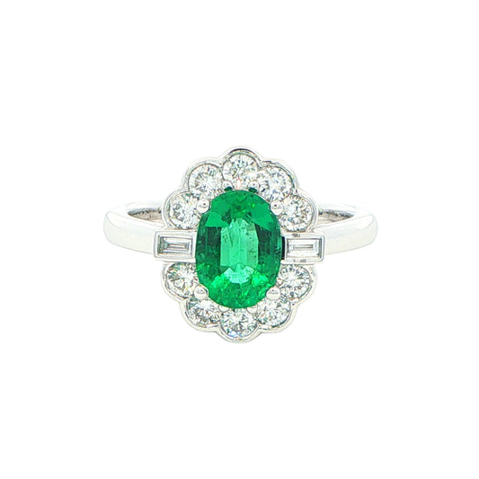 Oval emerald and diamond fancy cluster style ring Gardiner Brothers