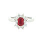 Octagonal shaped ruby and round brilliant cut diamond cluster ring