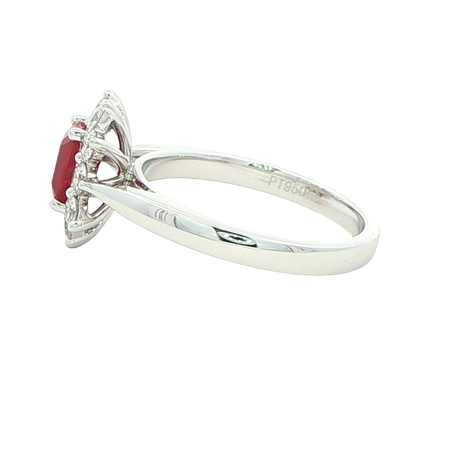 Octagonal shaped ruby and round brilliant cut diamond cluster ring Gardiner Brothers