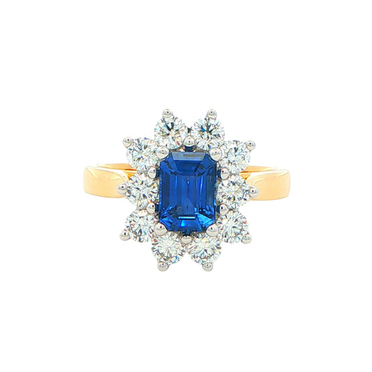 Octagonal Sapphire and round brilliant cut diamond cluster ring Gardiner Brothers