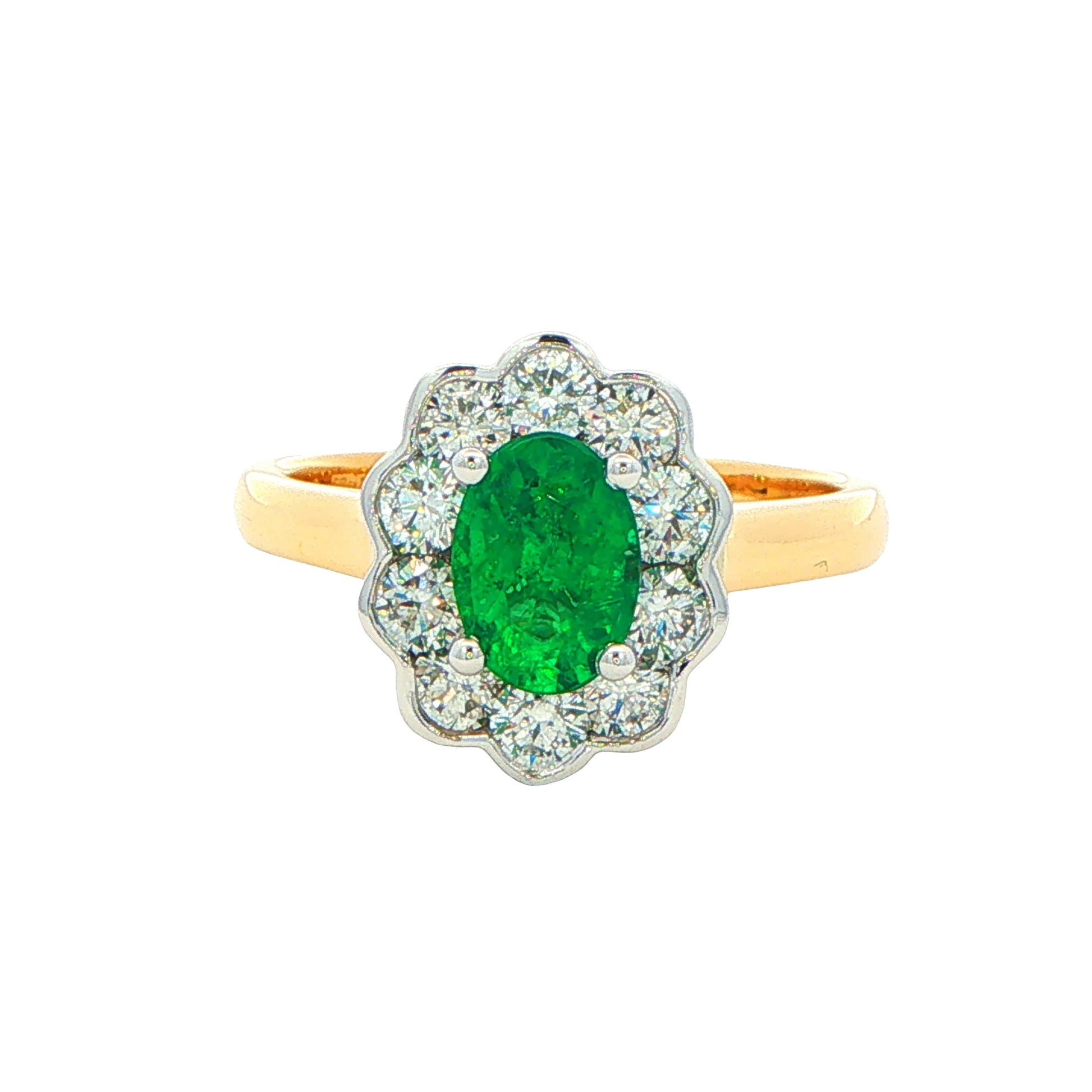 Oval Emerald and Round Brilliant Cut Diamond Cluster Ring Gardiner Brothers