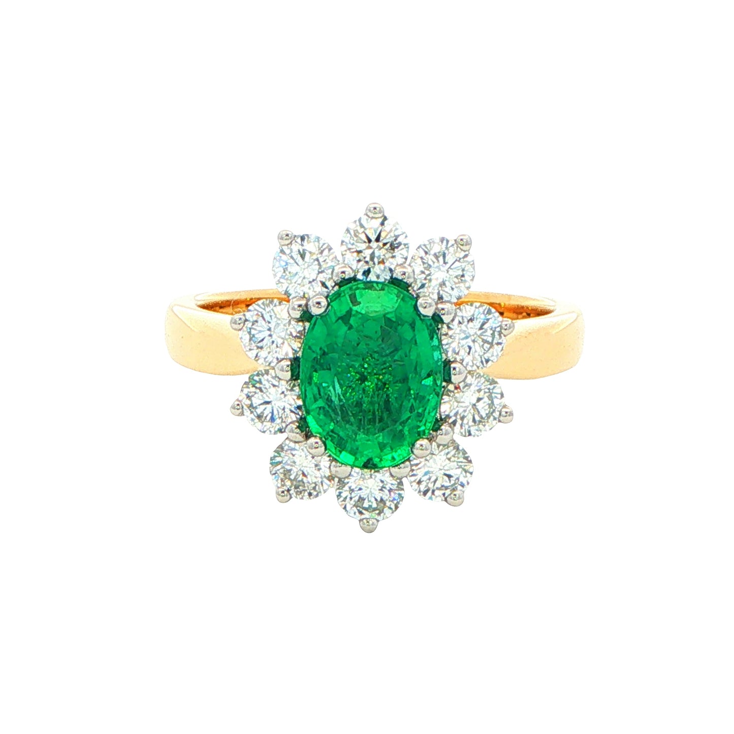 Oval Emerald AND ROUND BRILLIANT CUT DIAMOND CLUSTER STYLE RING