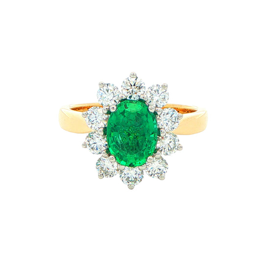 Oval Emerald AND ROUND BRILLIANT CUT DIAMOND CLUSTER STYLE RING Gardiner Brothers
