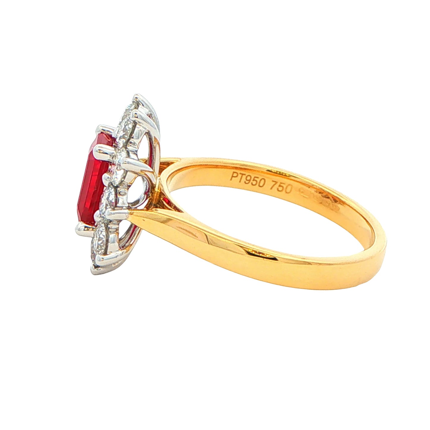Octagonal shaped ruby and round brilliant cut diamond cluster style ring Gardiner Brothers