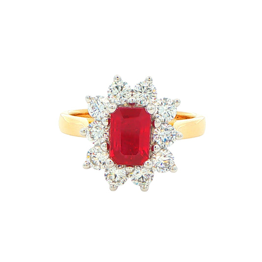 Octagonal shaped ruby and round brilliant cut diamond cluster style ring Gardiner Brothers