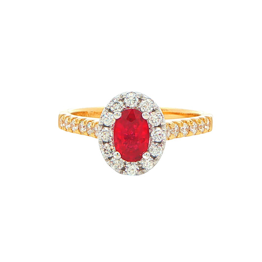 Oval Shaped Ruby and Round Brilliant Cut Diamond Halo Ring Gardiner Brothers