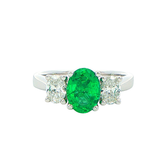 Oval Shaped emerald and oval diamond 3 stone ring Gardiner Brothers
