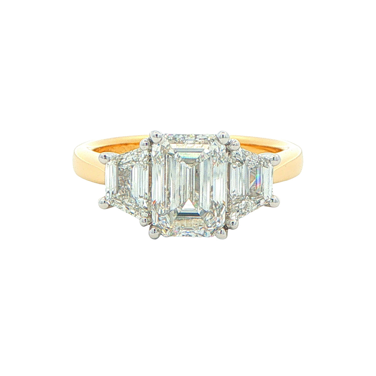 Yellow Gold Emerald and Trapezoid Cut Diamond 3 Stone Ring - 2.86cts Gardiner Brothers