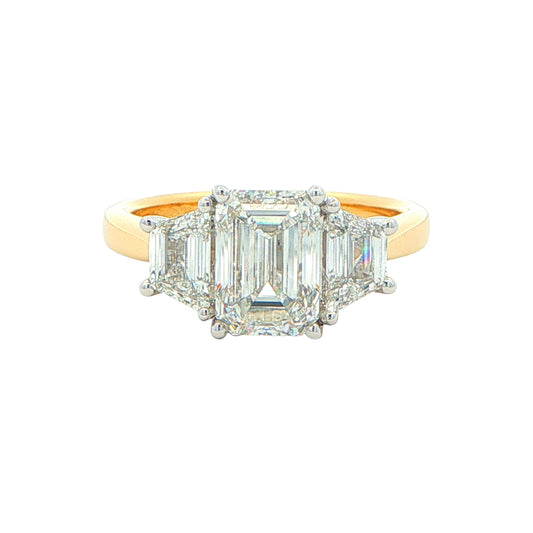 Yellow Gold Emerald and Trapezoid Cut Diamond 3 Stone Ring - 2.86cts Gardiner Brothers