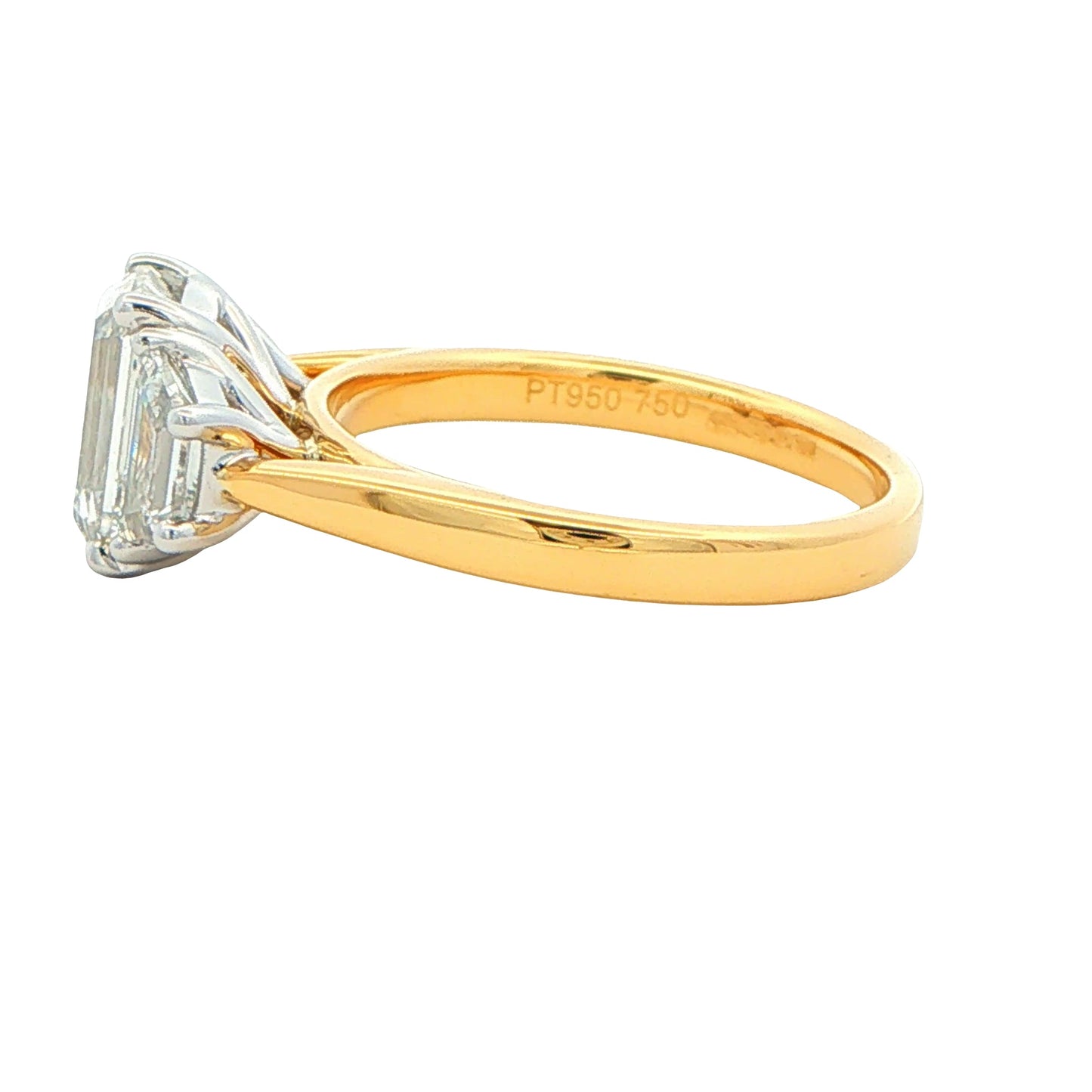 Yellow Gold Emerald and Trapezoid Cut Diamond 3 Stone Ring - 2.86cts