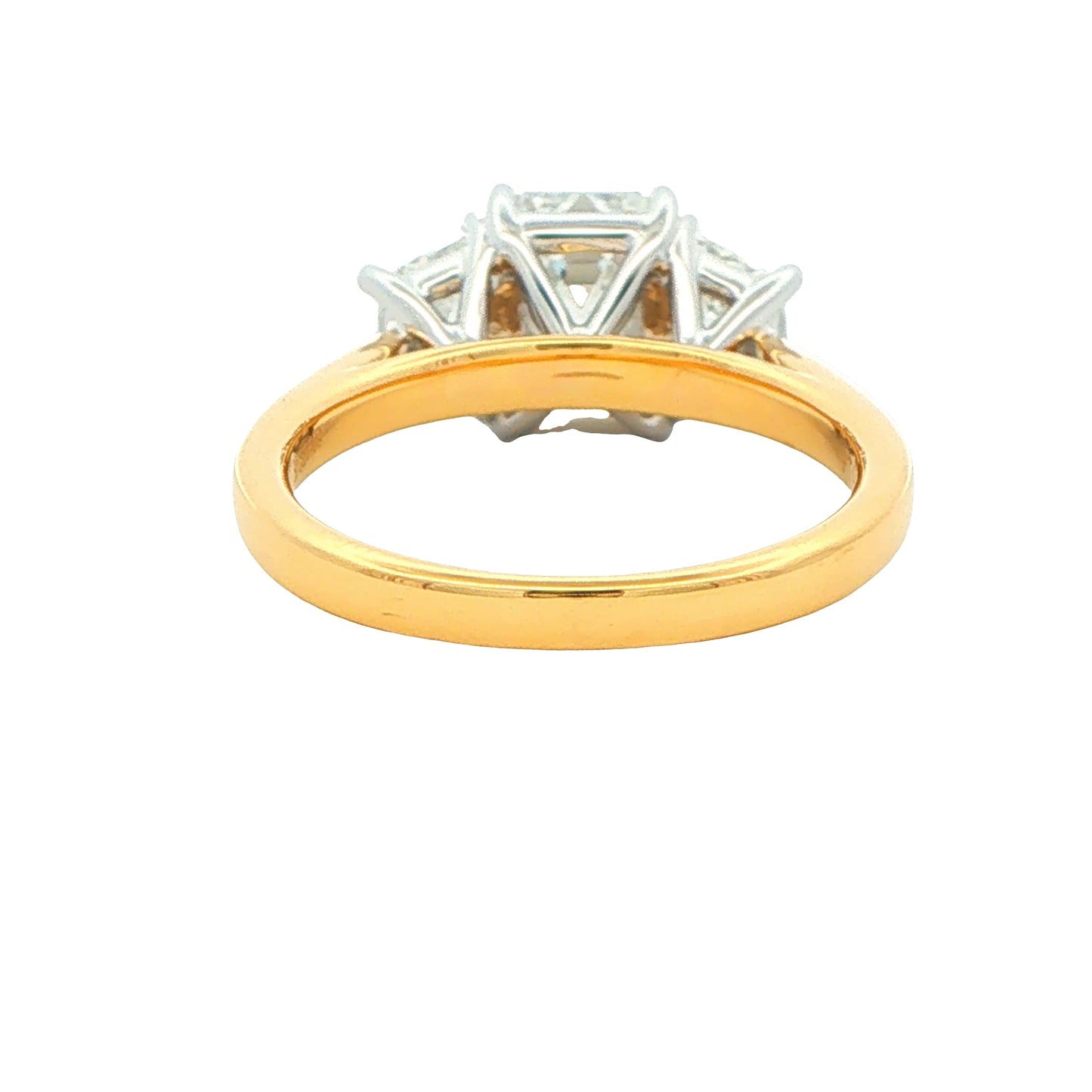 Yellow Gold Emerald and Trapezoid Cut Diamond 3 Stone Ring - 2.86cts