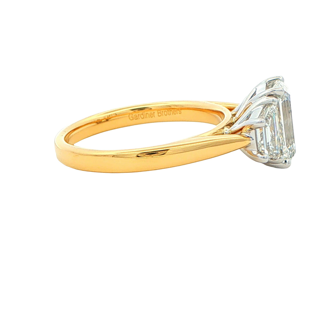Yellow Gold Emerald and Trapezoid Cut Diamond 3 Stone Ring - 2.86cts Gardiner Brothers